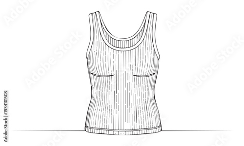 Detailed technical drawing of a ribbed knit tank top, suitable for garment manufacturing, clothing collection presentations, online store product displays, and textile material showcases.
