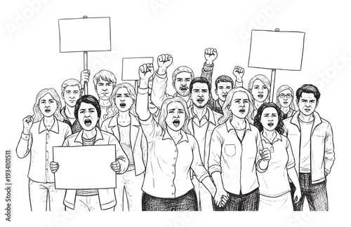 United group of diverse activists vigorously protesting with raised fists and blank signs shouting for social justice suitable for political movements and advocacy campaigns.