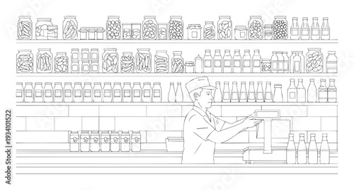 Grocery store shelves filled with various jars of pickled vegetables and preserved food items, featuring a male market worker operating a weighing scale, ideal for food retail and shopping