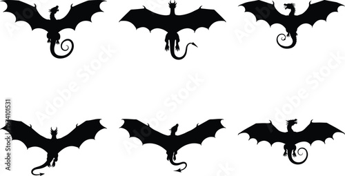 Collection of six black silhouette dragon designs in various flying poses against a white background.