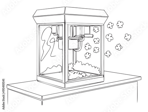 Classic popcorn machine actively popping fresh fluffy snacks, presented in a clean line drawing for food blogs, restaurant menus, or educational materials.