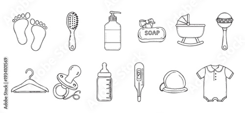 A collection of essential baby care items and newborn accessories presented as simple line drawings, perfect for educational materials or adorable baby shower invitations