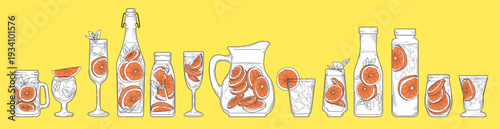 Aperol Spritz cocktail. Hand drawn summer drink. Lemon, orange sketch. Vintage retro glass. Fresh citrus beverage. Beach holiday cold ice in bottle. Vector menu alcohol decor isolated elements set