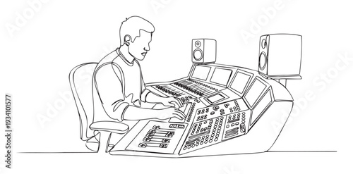 Sound engineer working at a professional audio mixing console with studio monitors, perfect for music production and broadcasting industry related marketing materials and web content