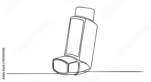 Medical asthma inhaler depicted in a sleek continuous single line drawing style, perfect for illustrating respiratory care concepts, healthcare solutions, and educational content.