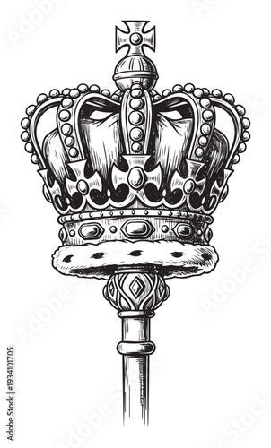 Majestic royal crown on a ceremonial scepter with a cross and ornate details, perfect for historical documents, regal themes, and luxurious graphic applications.