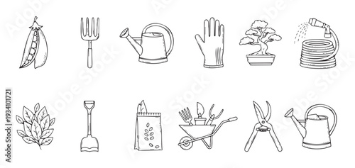 Black outline drawing of various essential gardening equipment, plants, and fresh vegetables for spring planting guides, outdoor activity promotions, and horticulture educational content.