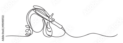 Continuous line drawing depicting a curling iron styling hair into elegant waves, perfect for hairstyling services, hair care product promotions, or modern styling campaigns.