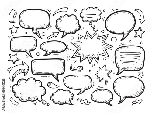 Hand drawn collection of comic style speech bubbles, thought clouds, stars, and arrows perfect for creating engaging communication graphics or social media content.