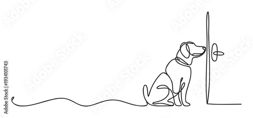 Minimalist continuous line drawing of a loyal pet dog patiently waiting by a closed door, ideal for pet care promotions, veterinary clinic resources, or heartwarming social media campaigns.
