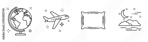 Versatile linear icons representing worldwide exploration, airplane journeys, restful sleep, and tranquil night, excellent for travel booking websites, hotel service applications, or