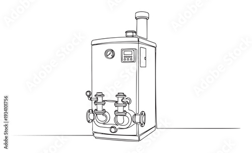 Line drawing of a modern water boiler with visible pipes and control panel, ideal for plumbing and heating system educational materials or home appliance guides
