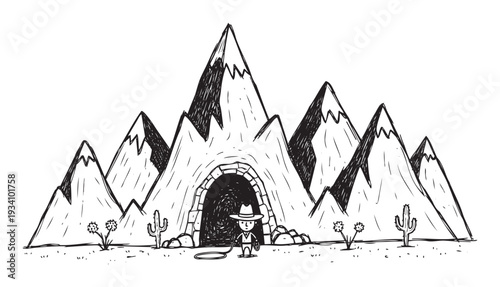An intrepid explorer in a fedora and holding a whip stands poised before a mysterious cave entrance in a mountainous desert setting, ideal for adventure stories and game design.