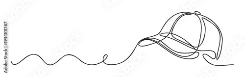 Minimalist continuous single line drawing depicting a stylish baseball cap, perfect for modern sportswear branding, fashion accessory advertisements, or dynamic sport event promotions.