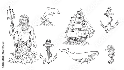 Classic marine and nautical themed line drawings including a mythological sea god, a sailing ship, a dolphin, a whale, a seahorse, and various anchors for ocean adventure concepts