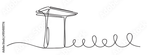 Continuous single line drawing depicting an abstract structure resembling a building or shelter with a flowing springlike coil, ideal for modern graphic representations and minimalist