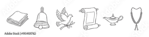Hand drawn outline collection of spiritual and religious symbols including scroll, bell, dove, lamp, and prayer beads, ideal for educational content or cultural projects.