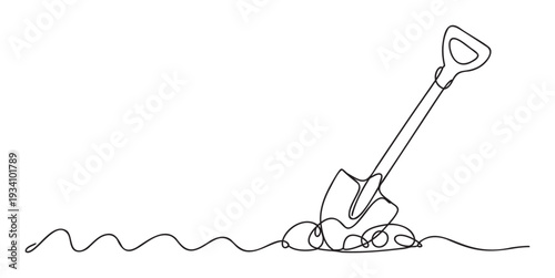 Continuous line drawing of a garden shovel digging into earth, symbolizing gardening, farming, and outdoor work, ideal for agricultural websites, landscaping projects, or environmental