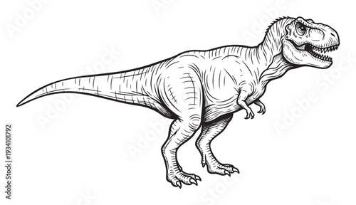 Powerful Tyrannosaurus Rex dinosaur line drawing in a classic engraving style, perfect for educational content and prehistoric animal themed designs