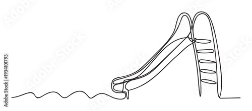 Minimalist continuous black line drawing of a water slide with an access ladder and a splash landing, perfect for summer fun visuals, childrens park promotions, and playful activity themes.