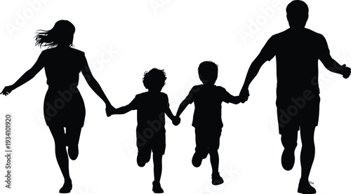Black silhouette of a happy family with two children holding hands while running forward together isolated on white background for lifestyle and parenting concepts (25 words)