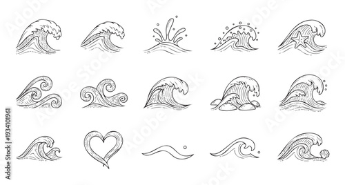 Graphic set of ocean waves and various water movements in a black and white hand drawn style, perfect for summer, sea, and aquatic themed projects or tropical vacation promotions