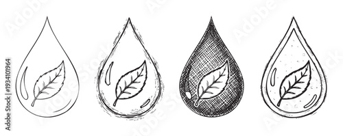 Graphic black and white droplets containing plant leaves expressing eco friendly organic natural concepts for packaging branding or environmental campaign visuals