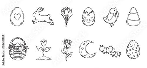 Charming line art drawings depicting various spring elements and Easter symbols for delightful holiday projects and educational materials