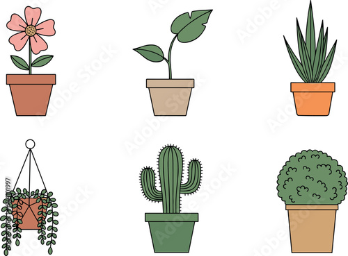 Potted Houseplant Collection with Flowering Plant, Succulent, Cactus, and Hanging Indoor Plants in Flat Vector Illustration Set