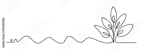 Elegant continuous line drawing depicting a stylized plant with organic leaves and a flowing stem, excellent for minimalist branding, sustainable themes, ecofriendly product packaging, or