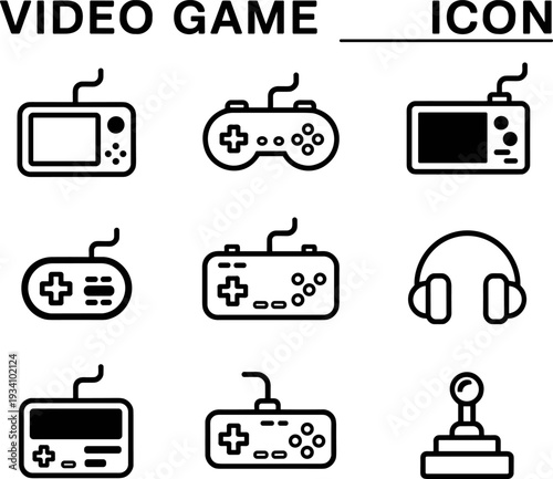 Video game icon set, black outline controller joystick and console symbols, gaming equipment collection, isolated flat vector illustration