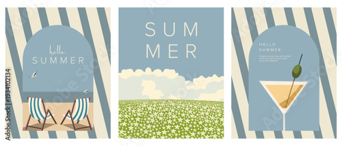 Summer beach cards, background set, hello summer, summertime covers