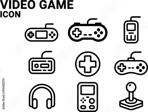 Video game icon set, black controller joystick and console symbols, gaming equipment collection, isolated flat vector illustration