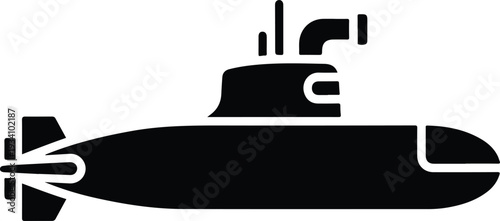 A black and white illustration of a submarine with a rounded hull a conning tower and a propeller