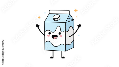 Happy cartoon milk carton character with a cheerful face and arms raised in a friendly greeting on a plain white background.