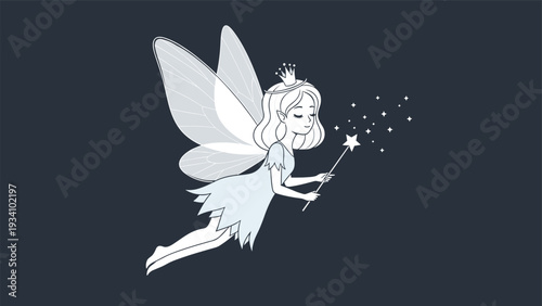 Beautiful elegant fairy with translucent wings and a magic wand casting a spell against a dark gray night sky background.