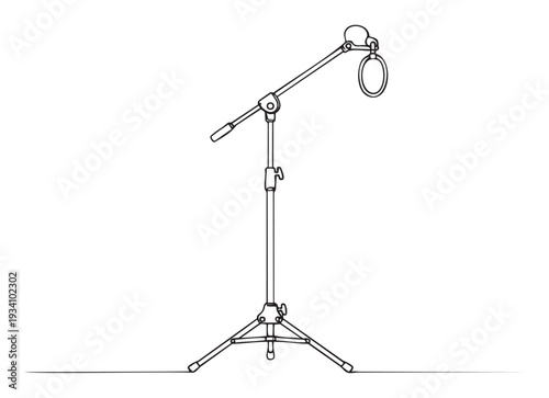 Minimalist line drawing of a microphone stand with a pop filter and boom arm, perfect for illustrating audio production concepts, studio equipment, or broadcast media setups.