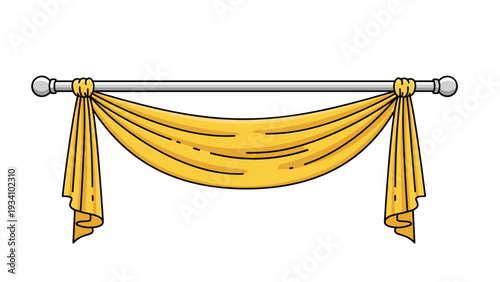 Elegant yellow fabric curtain draped over a horizontal silver metal rod with decorative finials on a white background.