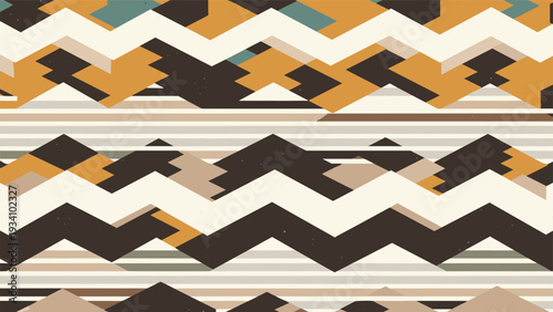 Abstract geometric pattern featuring layered zigzag lines and triangles in shades of brown tan and white.