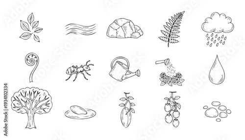 Collection of hand drawn nature and gardening related elements for environmental education materials or outdoor themed product packaging