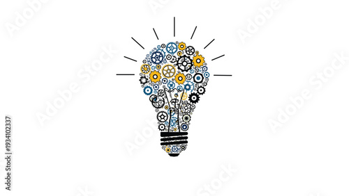 Creative light bulb conceptual illustration composed of numerous colorful interlocking gears and mechanical cogs.
