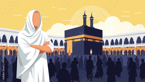 Muslim pilgrim in traditional white ihram clothing standing before the holy Kaaba during Hajj pilgrimage in Mecca.