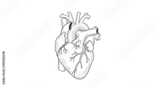 Detailed medical line art illustration of the human heart showing ventricles atria and major blood vessels.