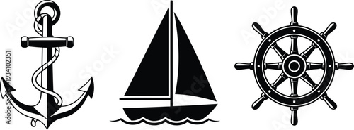Black silhouette anchor sailboat and ship wheel on white