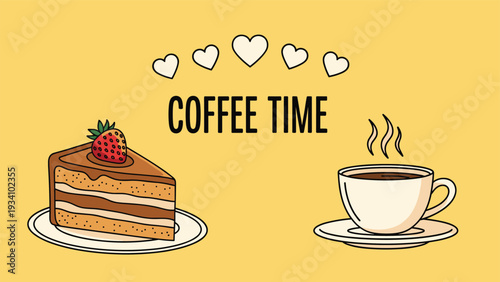 Charming coffee time illustration featuring a slice of layered chocolate cake and a hot cup of black coffee.