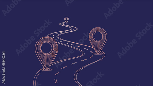 Stylized illustration of a long winding road with location pins indicating multiple destinations on dark background.