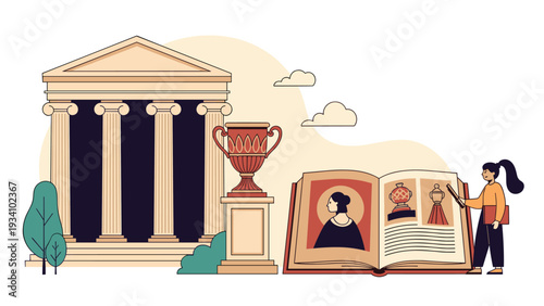 Young woman exploring history through an open book in front of a classical ancient greek temple with columns.
