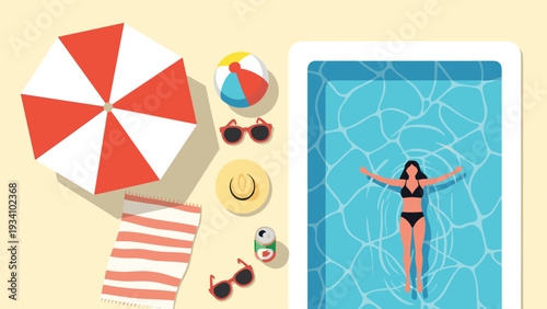 Summer vacation overhead view featuring a woman floating in a swimming pool next to colorful beach gear.