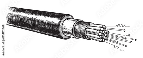Detailed cross section of an optical fiber cable revealing multiple data transmitting strands, ideal for telecommunications, internet, and modern technology industry presentations