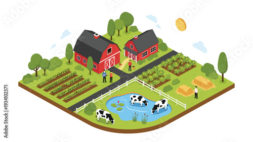 Detailed isometric landscape of a traditional farm with red barns green fields grazing cows and farmers working.